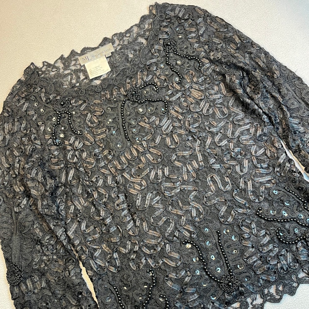Melanie Lyne Womens Black Lace Soutache Beaded Sequin Evening Top Bell Sleeve M